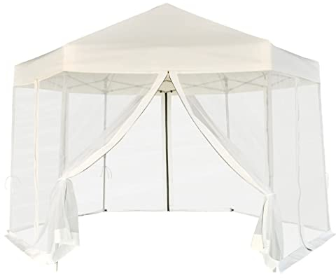 Home Outdoor OthersSechseckiges Pop-Up-Festzelt mit 6 Seitenwänden, cremeweiß, 3,6 x 3,1 m