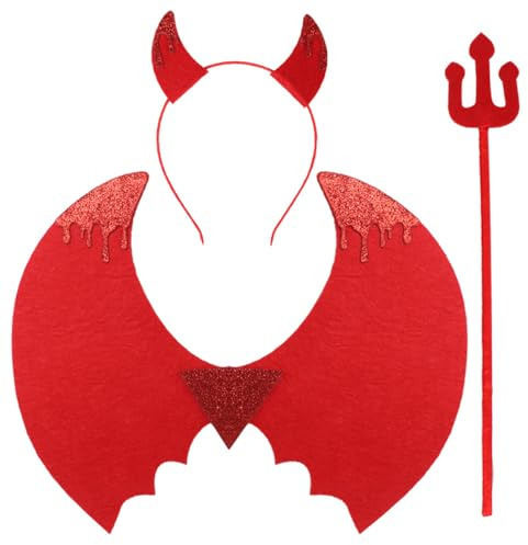 ANIUHL Halloween Red Devil Costume Set Glitter Demon Horns Headband Blood Wings Pitchfork for Cosplay Costume Party