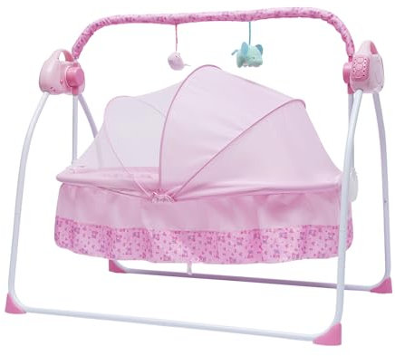 Babywiege Elektrische Babyschaukel Kinderbett Elektrische Krippe Wiege Rosa 5 Geschwindigkeit Mückennetz Baby Stubenwagen Fernbedienung & Timing-Funktion