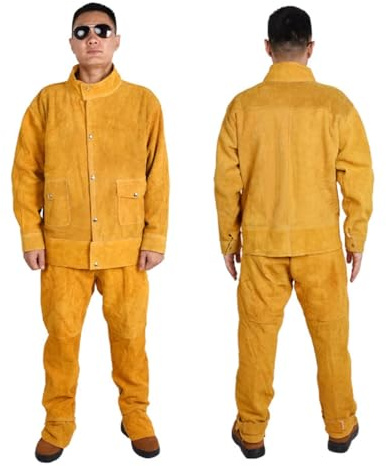 BIRJXVTO Kohud Svetsare Kostymer Ko Läder Andningsbara Elektriska Svetsdräkter Anti skållning Verkstad Uniformer Flamskyddsmedel Overaller,Yellow,XL