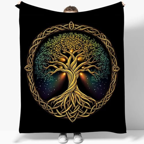 Decke Weich Flanell Plüsch Fleece Wohndecke Keltischer Fantasie-Lebensbaum Muster Überwurf Decke, Leichte Gemütliche Plüschdecke Braun für Schlafzimmer Wohnzimmer Sofa Tagesdecke 100 x 130 cm