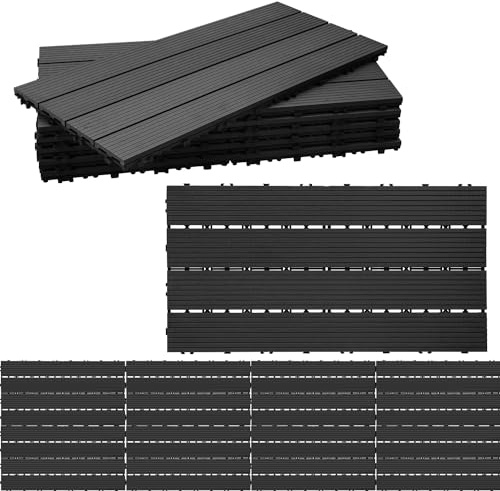 Randaco WPC terrassplattor, 30 x 60 cm, set om 60 för 10 m², träutseende, plastplattor, klickplattor, balkongplattor med dränering, för trädgård, terrass, lätt att installera, antracit