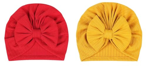 Hrlace 2 stycken babymössor för nyfödd babymössa, mjuk babyturbanmössa med rosett, infant, beanie, mössa, spädbarn, flicka, pojkar, mössa för baby, nyfödda, småbarn, röd + gul