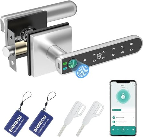 BIWIBON Fingerprint Door Lock, 5 in 1 Smart Door Knob with Smart APP/Fingerprint/IC Cards/Password/Backup Keys, Door Knob with Keypad for Bedroom, Office, Apartment, Square