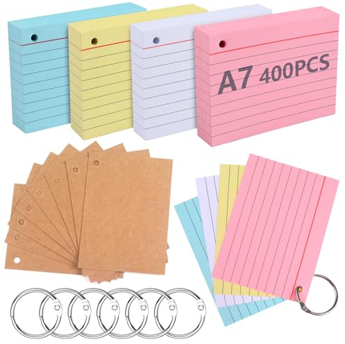 moinkerin indexkort 400 stycken 4,13 x 2,91 tum flerfärgade inlärningskort flashkort med 6 bindemedel 8 kraftpapper indexkort för kontor hus skola lärning linjerat indexkort