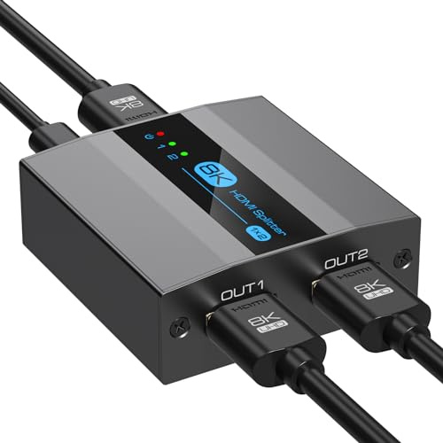 VEDINDUST 8K60Hz HDMI 2.1 Splitter 1 In 2 Out 4K120HZ for Dual Monitors Supports EDID HDCP2.3 for Xbox PS4 PS5 Roku Blu Ray Player Two can be Displayed Simultaneously, Gray