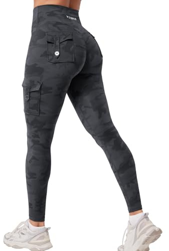YEOREO CoreFlex Leggings sportivi da donna con tasche, Invisible Scrunch Butt Gym Leggings High Waist Boom Booty Seamless Push Up Opaco Yoga Sport Leggings, Motivo mimetico nero, L