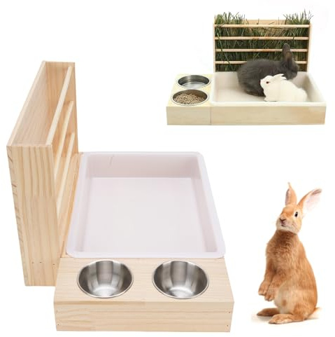 VBESTLIFE Comedero de Heno para Conejos 3 en 1, Soporte de Madera para Heno con Caja de Integrada y Cuencos de Acero Inoxidable, Estante para Comida de Hierba de Gran Capacidad para