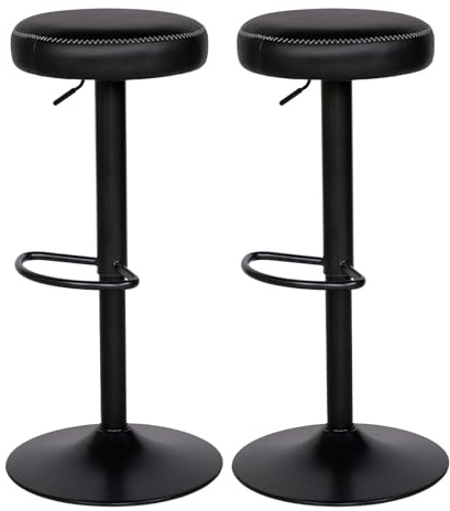 buybyroom Sgabello Cucina, Set di 2 Sgabelli da Bar Regolabili in Altezza con Poggiapiedi, Girevoli a 360°, Senza Schienale, Cuscino 8 cm, per Isola Cucina, Home Bar e Sala da Pranzo, PU, Nero