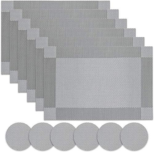 Panngu Modern Placemats Set of 6, Premium Table Place Mat with 6x Placemats+6x Coasters Heat Resistant Washable, 45X30cm - Simple Silver Grey