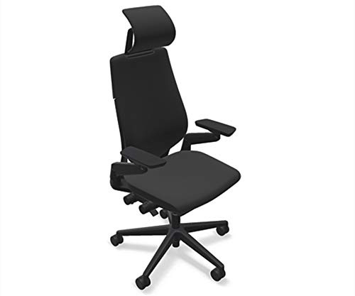 Steelcase Gesture Office Desk Chair with Headrest in Elmosoft Genuine Ebony L112 Leather Plus Lumbar Support Low Black Frame wth Soft Hard Floor Casters