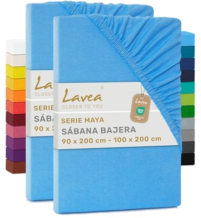 Lavea® Lot de 2 Draps-Housses 90x190/200 cm – Coton 100% Doux et Respirant – pour Matelas Épais Jusqu’à 20 cm – Jersey avec Élastique Tout Autour – Bleu Ciel