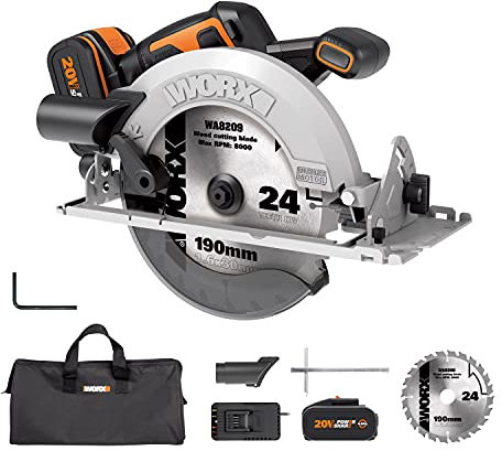 WORX 18V(20V MAX) Cordless 190mm Circular Saw WX520 Brushless Saw, External Rotor Motor, Easy Blade Change, w/TCT Blade+Vacuum Adaptor+Parallel Guide, PowerShare, 1 * 4.0Ah Battery, 1 * 2A Charger