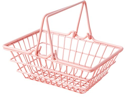 Toddmomy Pink Mini Shopping Basket, 9.25 x 6.29 x 3.54 Metal Wire Basket with Handle for Kids Grocery Play Home Storage Photo Props