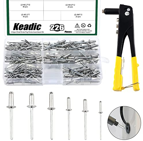 Keadic Lot de 226 rivets aveugles robustes en aluminium avec 6 tailles assorties de rivets aveugles M2.4 M3.2 M4 M4.8 argentés et pistolet à rivet manuel pour meubles, automobile, travail du métal
