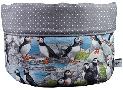 bettina bruder - Stoffkörbchen Papageientaucher Puffin Vögel Pünktchen grau weiß blau bunt - Brotkorb Utensilo