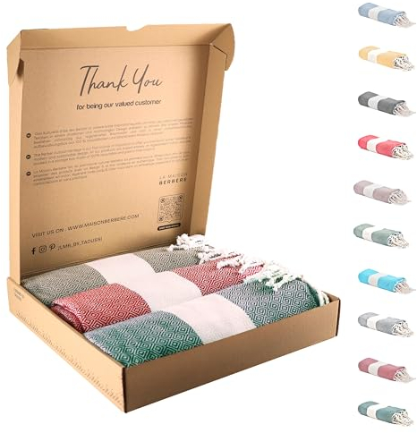 Tadussi ® Strandtuch Saunahandtuch Fouta XXL [3er Set] Ideal als Hamamtuch Picknickdecke für Damen & Herren - Groß 100x200-100% Baumwolle - Grau, Rot & Smaragdgrün