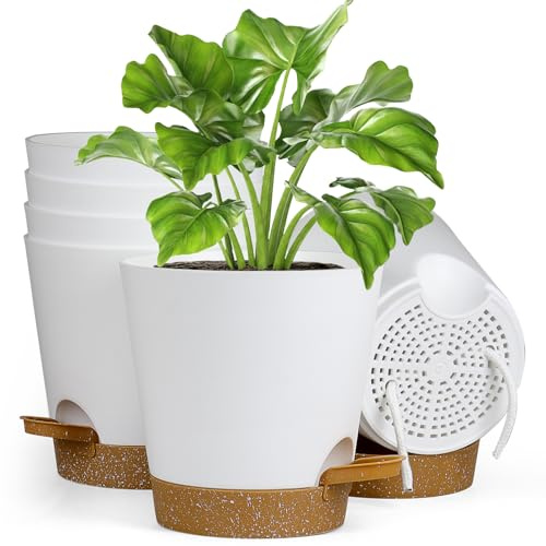 Homeuouz 6 Packs Blumentopf Selbstbewässernd, 12.7cm Pflanzentopf mit Bewässerungssystem, Übertopf mit Brown Untersetzer, Blumentöpfe Set Ideal für Innen und Balkongärten, Weiß