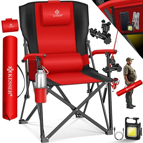 KESSER® Campingstuhl faltbar bis 160 kg | Angelstuhl Faltstuhl Klappstuhl Gepolstert mit Armlehnen | Campinglicht und Getränkehalter + Tasche mit hoher Rückenlehne | Strandstuhl mit Angelhalterung