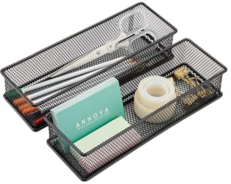 Annova Mesh Drawer Cabinet and Shelf Organizer Bins Storage Basket School Office Supply Holder Tray- Set of 2 (Black, 22.5x7.5x5 cm)