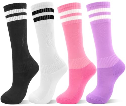 DECOVICI Kids Football Socks for Girls and Boys 4 Pairs, Knee High School Socks for Children, Soft Striped Socks for Junior Age 3-13 Rugby Daily Running Training(3-6Years，Black+White+Pink+Purple)