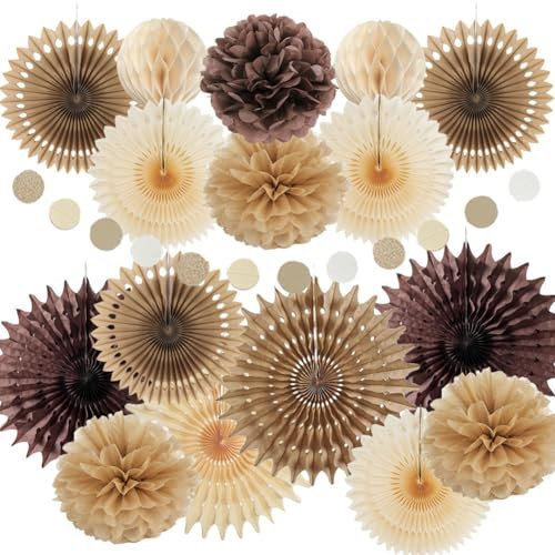 Party Deko Braun Beige Neutral Pompons Deko Braun Beige Papier Fächer Party Blumen Wabenbälle für Vintage Babyparty JGA Frauen Boho Geburtstagsdeko Hochzeit