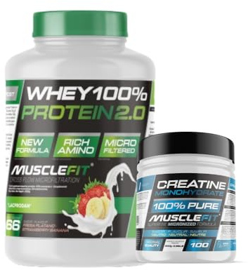 MuscleFit - Pack Whey 100% Protein 2kg Sabor Fresa y Plátano + Creatina 300g