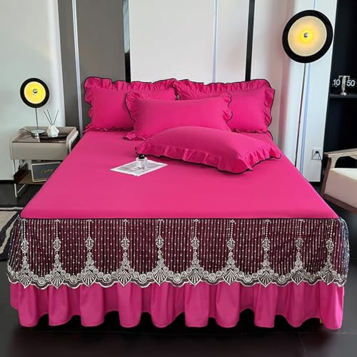Mesnt Spannbettlaken 180 x 200 Boxspringbett, Einfarbig mit gesticktem Lochmuster Bettvolants mit 2 Kopfkissenbezügen aus Polyester Baumwolle Weich und Knitterfrei, Bequem, Rosenrot
