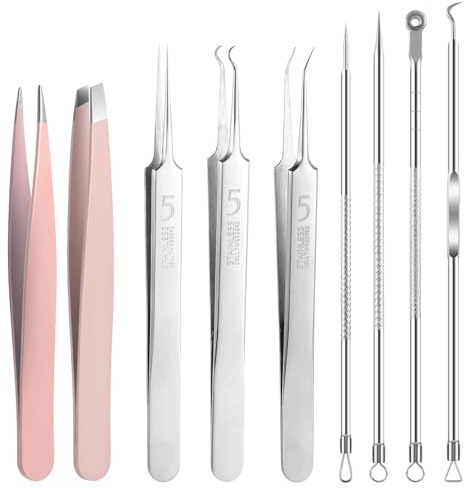 KFHENSOMR Kit de 9 herramientas profesionales para eliminar espinillas y comedones, extractor de espinillas, extractor de espinillas de acero inoxidable, pinzas para eliminar espinillas, espinillas