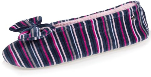 Isotoner Chaussons pantoufles Ballerines femme ultra confortables, en coton biologique et semelle en cuir, détail grand nœud, 41/42, rayuresbleues