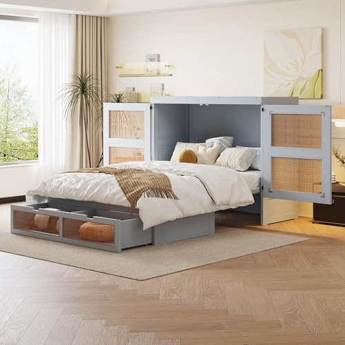 Generisk platsbesparande skåpsäng 140 x 200 cm med ribbotten, förvaringslådor och rottingdesign – multifunktionell fällsäng för snygg rumsoptimering (grå)