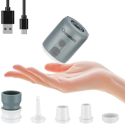 Qunature Mini Bomba de Aire Eléctrica Portátil, 3 en 1, Mini Bomba con Luz LED y Base Magnética, 4,5 kPa Inflado/Desinflado Rápido, Ligero Batería Recargable para Senderismo, Piscina y Camping