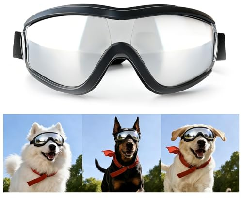 BaiMoure Dog Goggles, Medium Large Pet Sunglasses, Silver Lenses