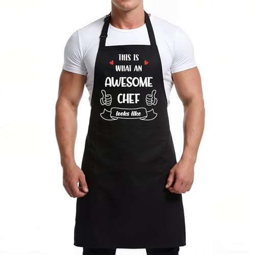ViEinkaufen Funny Chef BBQ Apron Adjustable Pockets for Men Dad Husband | 100% Polyester Water Oil Resistant, Adjustable Neck Strap, Father’s Day Christmas Gift for Dad Husband