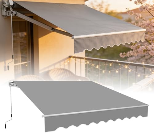 LZQ Klemm Store banne de balcon, soleil, à bras articulé, manivelle, protection solaire, imperméable à la poussière, réglable en hauteur (gris clair, 3 x 2,5 m)