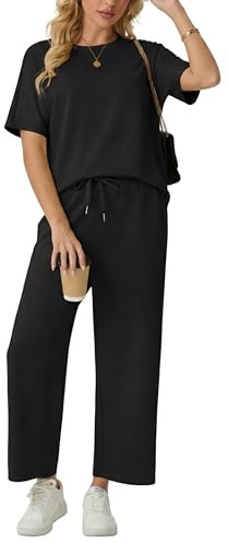 GRECERELLE Airport Two Piece Outfits Lounge for Women Tracksuit Womens Full Set Summer Short Sleeve Casual Crew Neck Cap Sleeve Tops and Jogging Bottoms with Pockets