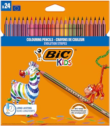 BIC Kids Evolution Stripes Crayons de Couleur Enfant, Couleurs vives et intenses, Idéal pour dessiner et colorier - Couleurs assorties, Lot de 24