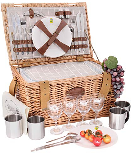 Les Jardins de la Comtesse - Picknick-Korb aus Weidengeflecht Concorde - für 4 Personen, Kühlbox, Teller, Weingläser, Timbales aus Aluminium, Stoff, Farbe: Weiß und Grau, 47 x 31 x 24 cm