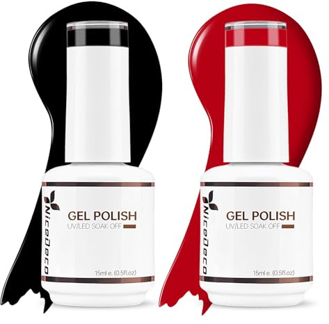 Nicedeco Kit Smalto Semipermanente per Unghie Black Red Gel Nail Polish Set, Smalto per Unghie Classico Puro Nero Rosso in Gel Soak Off UV LED per Nail Art DIY Manicure 2x15ml - Set 4