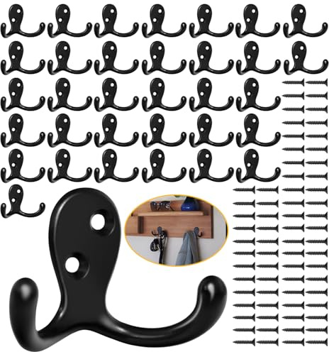 Homanu 34 Pack Coat Hooks, Heavy Duty Double Prong Coat Hooks Wall Mounted with 68 Screws, No Rust Black Metal Wall Hooks for Hanging Towel, Coat, Bag, Hat, Cup, Key