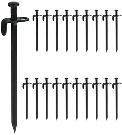 Relaxdays Pack 20 Piquetas de Camping para Suelo Duro, Clavijas Tienda de Campaña, 20 cm, Estacas de Acero, Negro, Inoxidable
