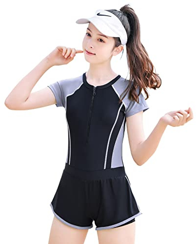 MEILONGER Girls Swimming Costume Swimsuits Kids One-Piece Short Sleeve Swimwear Rashguard Bathing Suits Quick Dry Dress Swim Shirts Size 8,10-12,14-16(Black Gray,10-12)