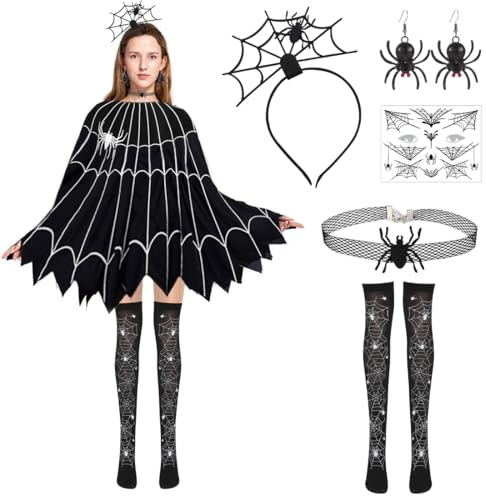 Halloween spindelnät kostym dam, 6 st spindelnät tillbehör för vuxna, spindelnät kostym för dam poncho halloween fest, spindelnät huvudbonad, spindelväv tights för vuxna karnevaler