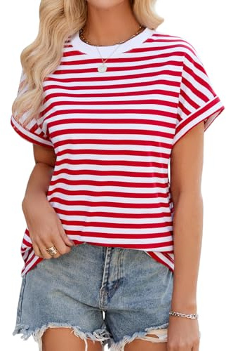 Xnova Tee Shirt à Manches Courtes Femme Rayé T-Shirts Ample Col Rond Oversize Haut Top Été Chic et Élégant Blouse Décontracté