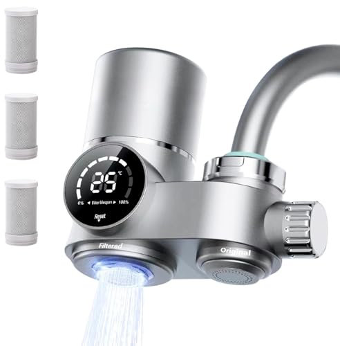 WOOLUCK® Filtre à eau pour robinet, avec lumière UV et Affichage LED, Enlève le plomb, le chlore et les métaux lourds (​Inclure 3 cartouche filtrante)