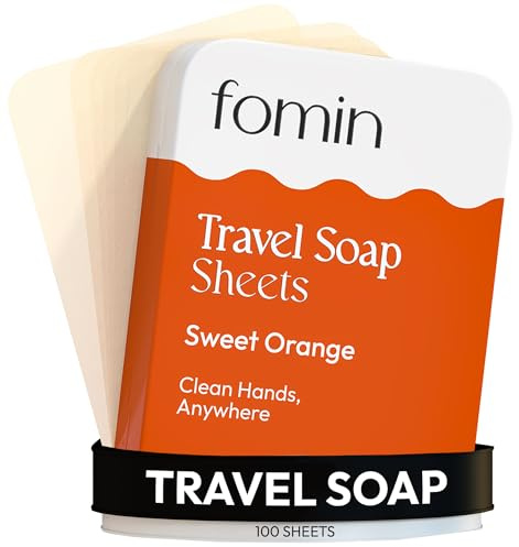FOMIN - Antibacterial Paper Soap Sheets for Traveling - 100 Orange Portable Hand Soap Sheets for Travel in Tin - Dissolvable Mini Portable Travel Soap Sheet for Hand Washing, Camping and Hiking