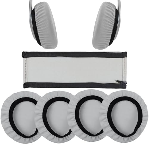 4 Pcs Housses Casque + 1 Pcs Housse de Serre-tête de Casque, Coussinets d'Oreilles pour Casque Lavables, Housse de Bandeau Casque Audio, Protection contre la Sueur, pour Ecouteur 9-11 cm (Gris)