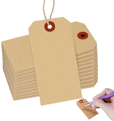 100 stycken pergament och vridna prislappar, presentetiketter för märkning, prislappar, loppmarknad, 7 x 3,5 cm prislappar, prisdag för stormarknader, lägenheter, hotell etc. (gulbrun 1)