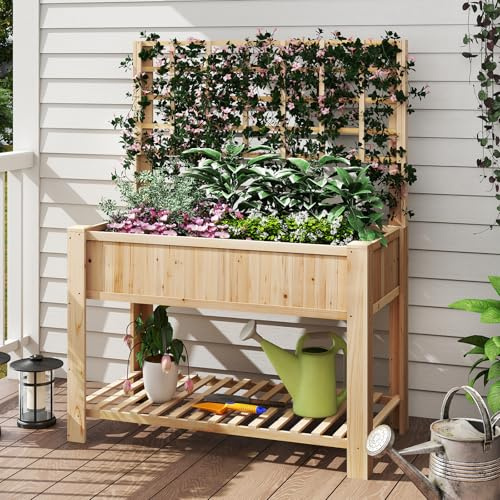 RELAX4LIFE Jardinera con Enrejado de Madera, Cama Elevada de Jardín con Sooprte para Plantas Trepadoras, Estante Inferior, Huerto Urbano Elevado para Flores, Verduras, Hierbas, Patio, Balcón (Natural)
