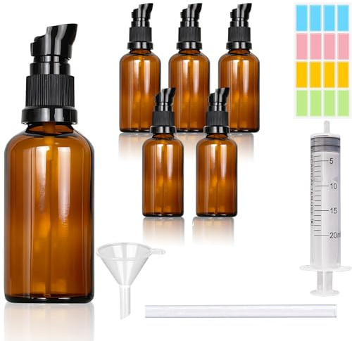 CafullCon 6 Pack 100ML Empty Lotion Pump Bottle, Refillable Amber Glass Lotion Pump Press Bottles for Toiletries, Leak-proof Liquid Travel Containers for Shampoo Cosmetic Emulsion Essential Dispenser